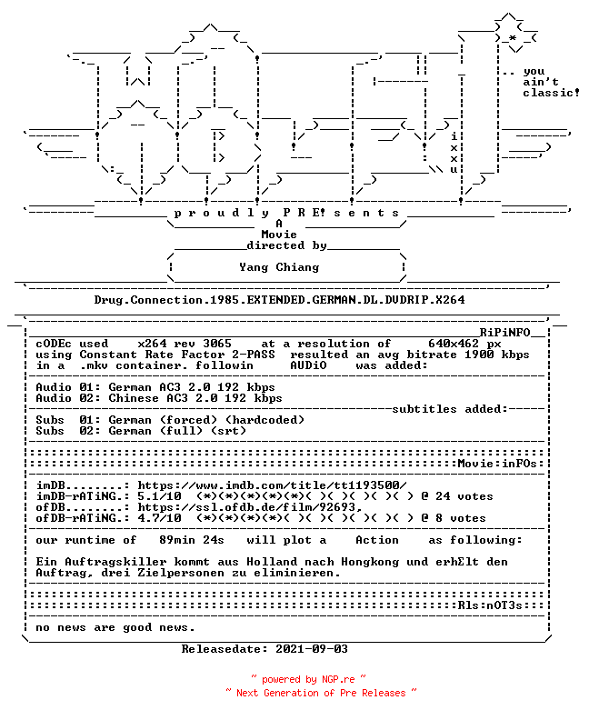 NFO for the release Drug.Connection.1985.EXTENDED.GERMAN.DL.DVDRIP.X264-WATCHABLE by WATCHABLE