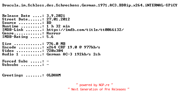 NFO for the release Dracula.im.Schloss.des.Schreckens.German.1971.AC3.BDRip.x264.iNTERNAL-SPiCY by SPiCY