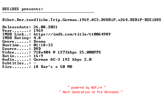 NFO for the release Biker.Der.toedliche.Trip.German.1969.AC3.DVDRiP.x264.RERiP-BESiDES by BESiDES