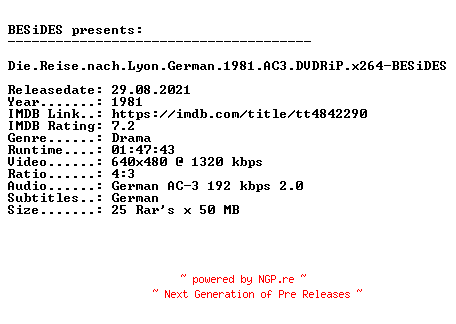 NFO for the release Die.Reise.nach.Lyon.German.1981.AC3.DVDRiP.x264-BESiDES by BESiDES