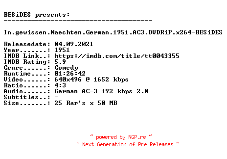NFO for the release In.gewissen.Naechten.German.1951.AC3.DVDRiP.x264-BESiDES by BESiDES