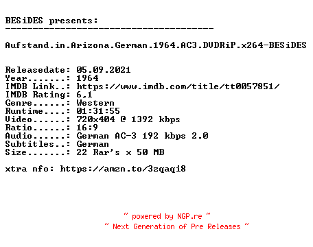 NFO for the release Aufstand.in.Arizona.German.1964.AC3.DVDRiP.x264-BESiDES by BESiDES