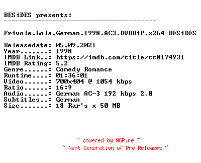 NFO for the release Frivole.Lola.German.1998.AC3.DVDRiP.x264-BESiDES by BESiDES