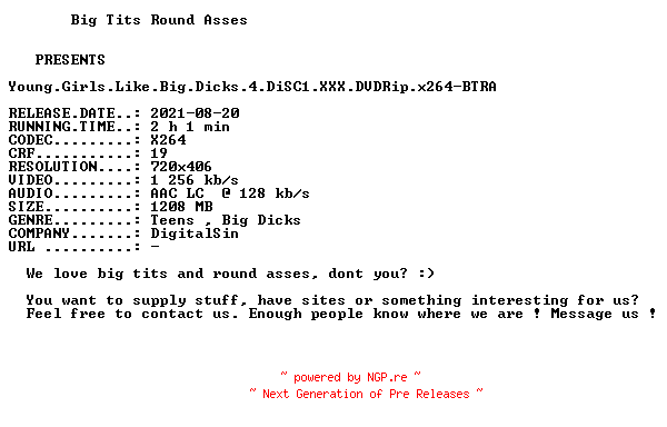 NFO for the release Young.Girls.Like.Big.Dicks.4.DiSC1.XXX.DVDRip.x264-BTRA by BTRA