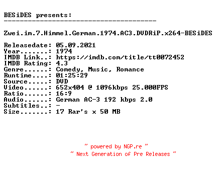 NFO for the release Zwei.im.7.Himmel.German.1974.AC3.DVDRiP.x264-BESiDES by BESiDES
