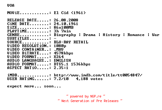 NFO for the release El.Cid.1961.720p.BluRay.x264-VOA by VOA