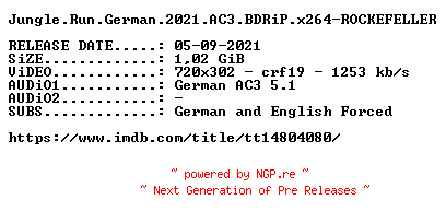 NFO for the release Jungle.Run.Das.Geheimnis.des.Dschungelgottes.German.2021.AC3.BDRiP.x264-ROCKEFELLER by ROCKEFELLER