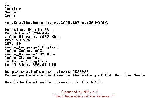 NFO for the release Hot.Dog.The.Documentary.2020.BDRip.x264-YAMG by YAMG