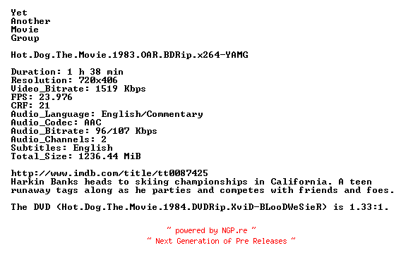 NFO for the release Hot.Dog.The.Movie.1983.OAR.BDRip.x264-YAMG by YAMG