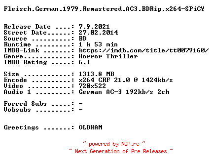 NFO for the release Fleisch.German.1979.Remastered.AC3.BDRip.x264-SPiCY by SPiCY