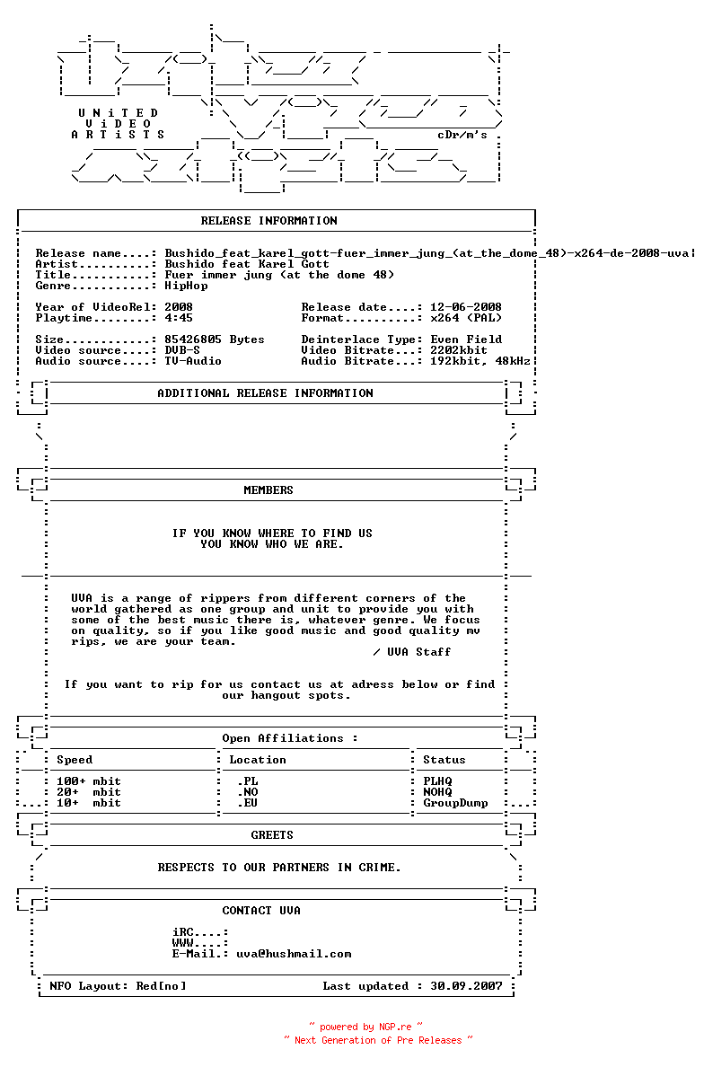 NFO for the release Bushido_feat_karel_gott-fuer_immer_jung_(at_the_dome_48)-x264-de-2008-uva by uva