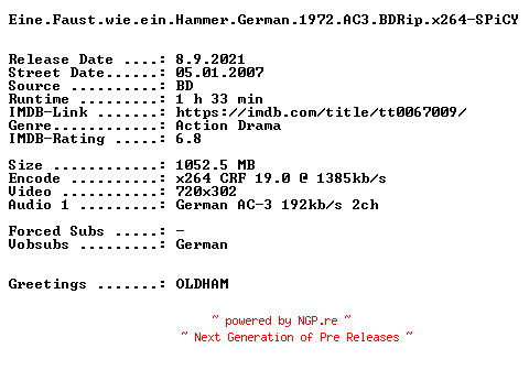 NFO for the release Eine.Faust.wie.ein.Hammer.German.1972.AC3.BDRip.x264-SPiCY by SPiCY