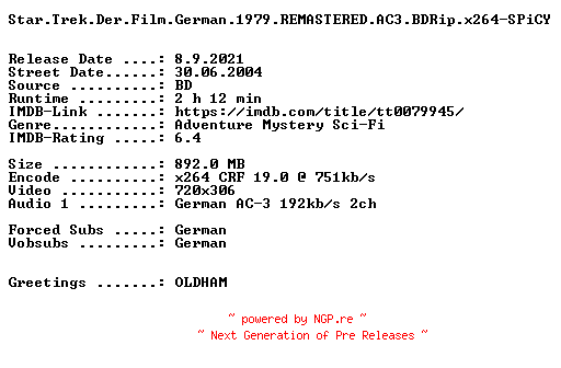 NFO for the release Star.Trek.Der.Film.German.1979.REMASTERED.AC3.BDRip.x264-SPiCY by SPiCY