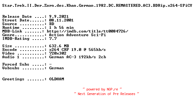NFO for the release Star.Trek.II.Der.Zorn.des.Khan.German.1982.DC.REMASTERED.AC3.BDRip.x264-SPiCY by SPiCY