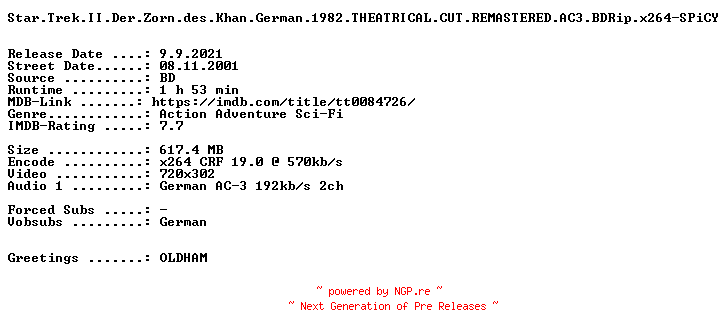 NFO for the release Star.Trek.II.Der.Zorn.des.Khan.German.1982.THEATRICAL.CUT.REMASTERED.AC3.BDRip.x264-SPiCY by SPiCY