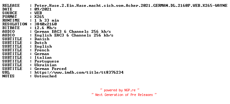 NFO for the release Peter.Hase.2.Ein.Hase.macht.sich.vom.Acker.2021.GERMAN.DL.2160P.WEB.X265-WAYNE by WAYNE
