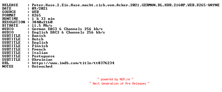 NFO for the release Peter.Hase.2.Ein.Hase.macht.sich.vom.Acker.2021.GERMAN.DL.HDR.2160P.WEB.X265-WAYNE by WAYNE