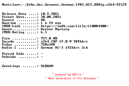 NFO for the release Montclare.-.Erbe.des.Grauens.German.1982.AC3.BDRip.x264-SPiCY by SPiCY