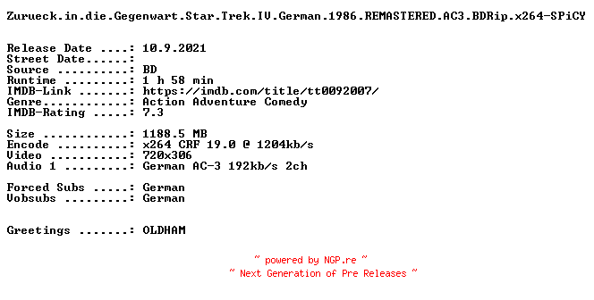 NFO for the release Zurueck.in.die.Gegenwart.Star.Trek.IV.German.1986.REMASTERED.AC3.BDRip.x264-SPiCY by SPiCY