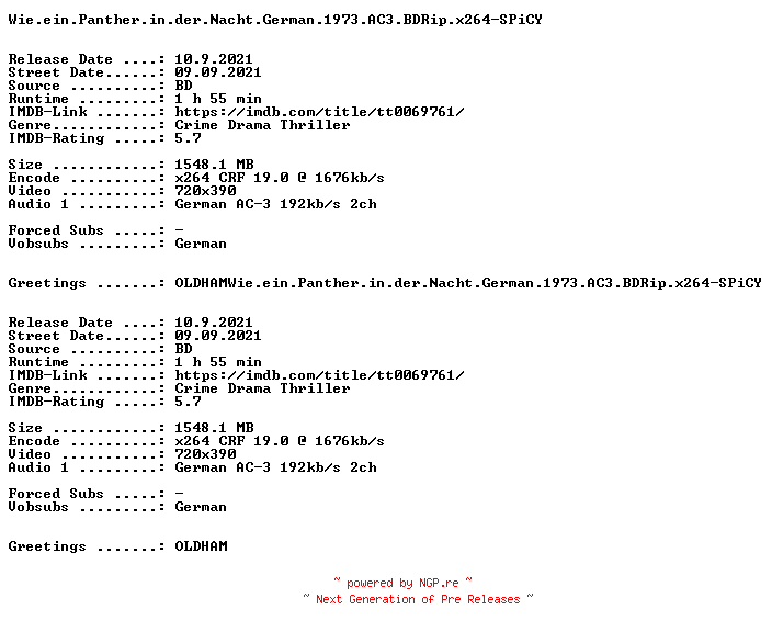 NFO for the release Wie.ein.Panther.in.der.Nacht.German.1973.AC3.BDRip.x264-SPiCY by SPiCY