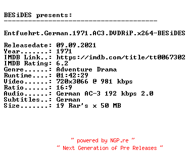 NFO for the release Entfuehrt.German.1971.AC3.DVDRiP.x264-BESiDES by BESiDES