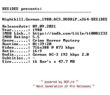 NFO for the release Nightkill.German.1980.AC3.DVDRiP.x264-BESiDES by BESiDES