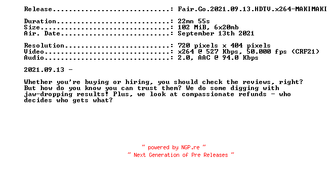 NFO for the release Fair.Go.2021.09.13.HDTV.x264-MAKIMAKI by MAKIMAKI