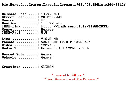 NFO for the release Die.Hexe.des.Grafen.Dracula.German.1968.AC3.BDRip.x264-SPiCY by SPiCY