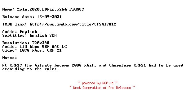 NFO for the release Zola.2020.BDRip.x264-PiGNUS by PiGNUS