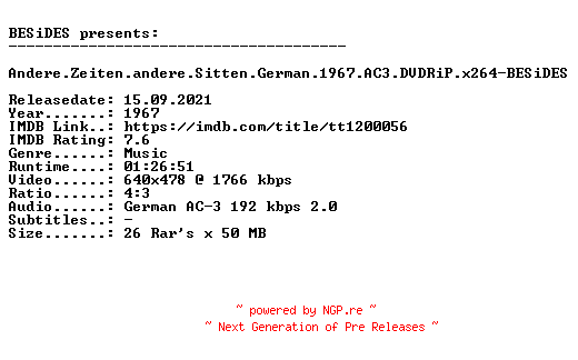 NFO for the release Andere.Zeiten.andere.Sitten.German.1967.AC3.DVDRiP.x264-BESiDES by BESiDES