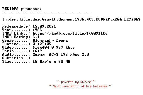 NFO for the release In.der.Hitze.der.Gewalt.German.1986.AC3.DVDRiP.x264-BESiDES by BESiDES