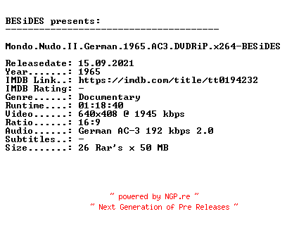 NFO for the release Mondo.Nudo.II.German.1965.AC3.DVDRiP.x264-BESiDES by BESiDES