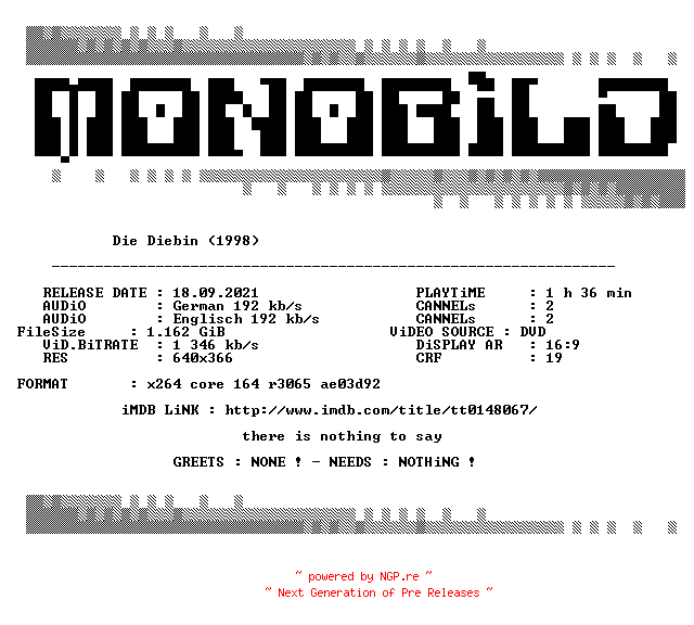 NFO for the release Die.Diebin.German.1998.DL.AC3.DVDRip.x264.iNTERNAL-MONOBiLD by MONOBiLD