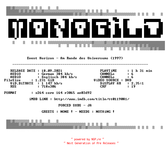 NFO for the release Event.Horizon.Am.Rande.des.Universums.German.1997.DL.AC3.DVDRip.x264.iNTERNAL-MONOBiLD by MONOBiLD