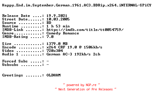 NFO for the release Happy.End.im.September.German.1961.AC3.BDRip.x264.iNTERNAL-SPiCY by SPiCY