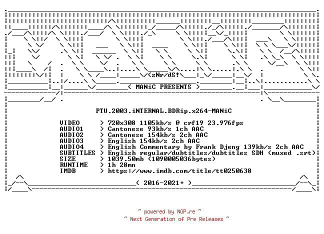 NFO for the release PTU.2003.iNTERNAL.BDRip.x264-MANiC by MANiC