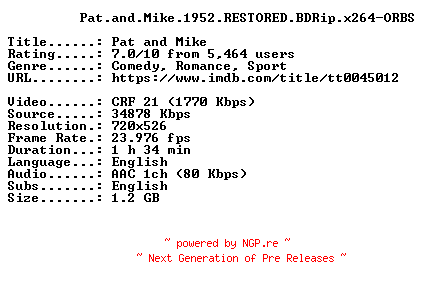 NFO for the release Pat.and.Mike.1952.RESTORED.BDRip.x264-ORBS by ORBS