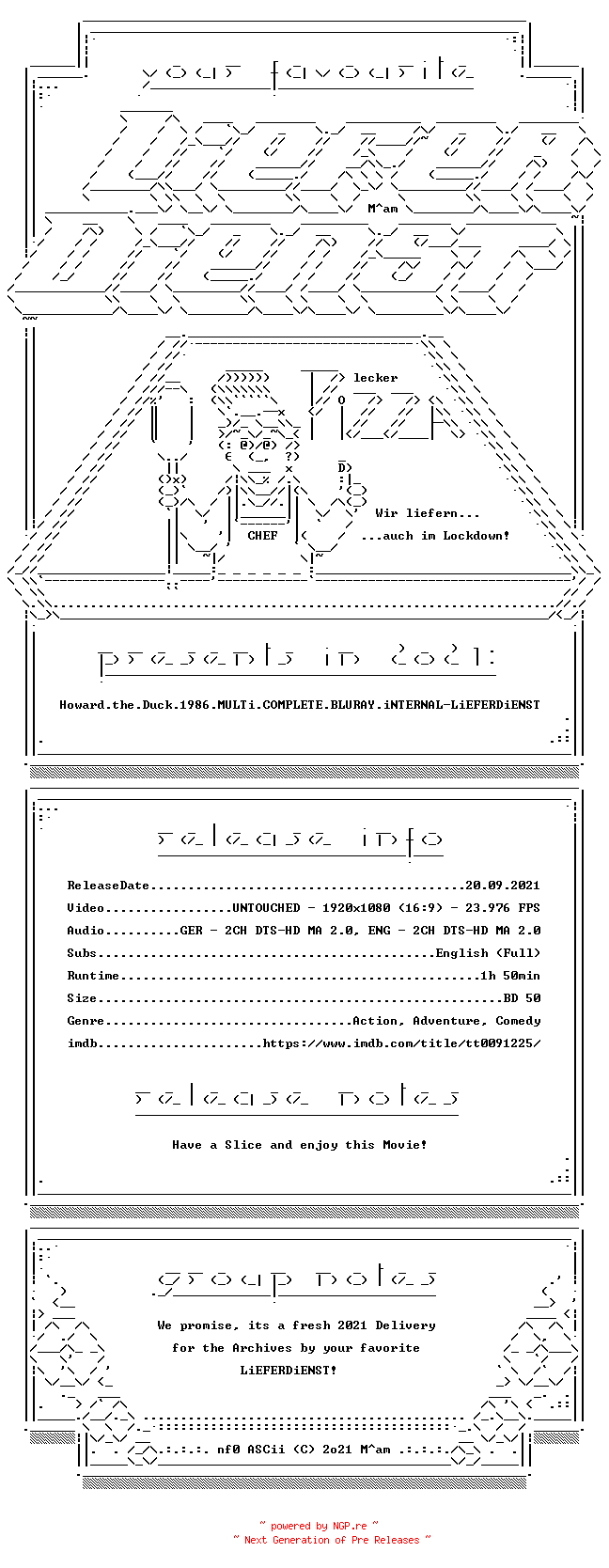NFO for the release Howard.the.Duck.1986.MULTi.COMPLETE.BLURAY.iNTERNAL-LiEFERDiENST by LiEFERDiENST
