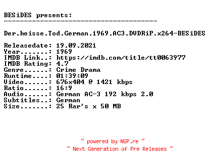 NFO for the release Der.heisse.Tod.German.1969.AC3.DVDRiP.x264.iNTERNAL-BESiDES by BESiDES