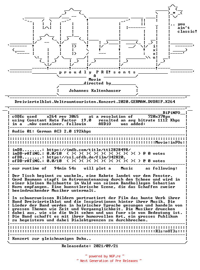 NFO for the release Dreiviertelblut.Weltraumtouristen.Konzert.2020.GERMAN.DVDRIP.X264-WATCHABLE by WATCHABLE