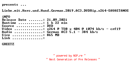 NFO for the release Liebe.mit.Herz.und.Hund.German.2019.AC3.DVDRip.x264-SAVASTANOS by SAVASTANOS
