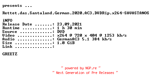 NFO for the release Rettet.das.Santaland.German.2020.AC3.DVDRip.x264-SAVASTANOS by SAVASTANOS