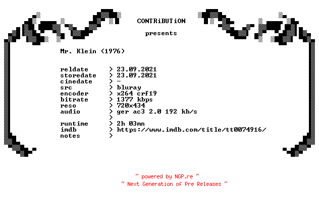 NFO for the release Monsieur.Klein.1976.German.BDRip.x264-CONTRiBUTiON by CONTRiBUTiON