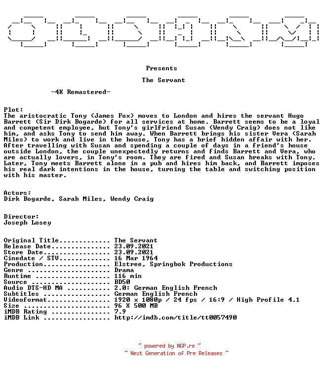 NFO for the release The.Servant.1963.REMASTERED.MULTi.COMPLETE.BLURAY.DiRFiX-OLDHAM by OLDHAM