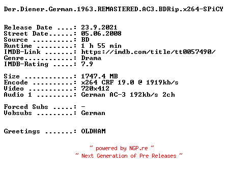 NFO for the release Der.Diener.German.1963.REMASTERED.AC3.BDRip.x264-SPiCY by SPiCY