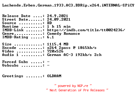 NFO for the release Lachende.Erben.German.1933.AC3.BDRip.x264.iNTERNAL-SPiCY by SPiCY