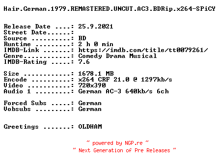 NFO for the release Hair.German.1979.REMASTERED.UNCUT.AC3.BDRip.x264-SPiCY by SPiCY
