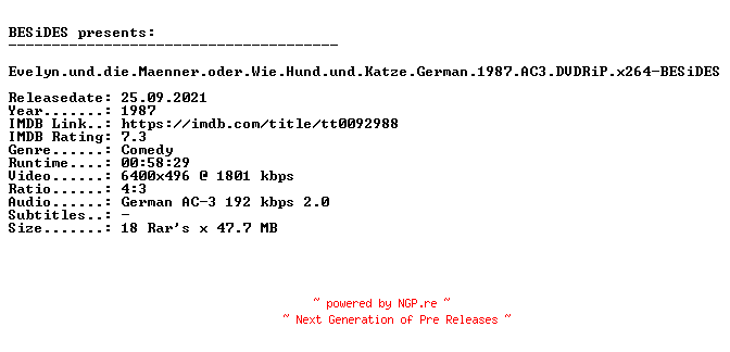 NFO for the release Evelyn.und.die.Maenner.oder.Wie.Hund.und.Katze.German.1987.AC3.DVDRiP.x264-BESiDES by BESiDES