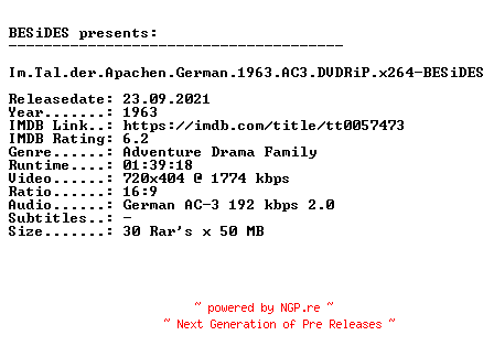 NFO for the release Im.Tal.der.Apachen.German.1963.AC3.DVDRiP.x264-BESiDES by BESiDES
