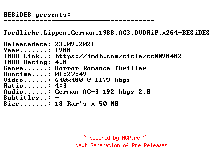 NFO for the release Toedliche.Lippen.German.1988.AC3.DVDRiP.x264-BESiDES by BESiDES